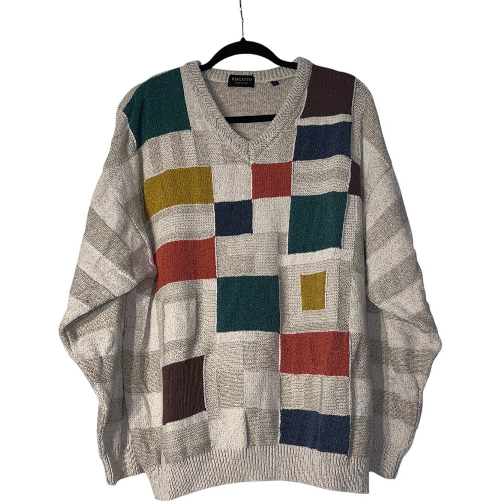 Riscotto Sweater Mens XL Vintage Colorblock V-Neck Knit Long Sleeve Grandpa 90s